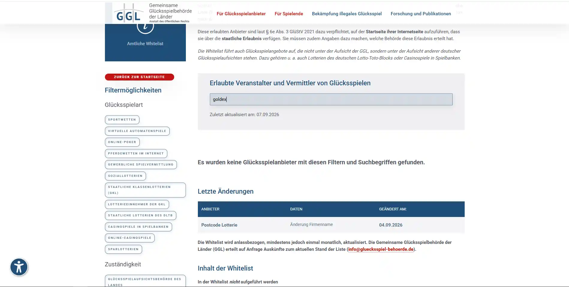 Offizielle GGL-Whitelist mit Überschrift und Aktualisierungsdatum