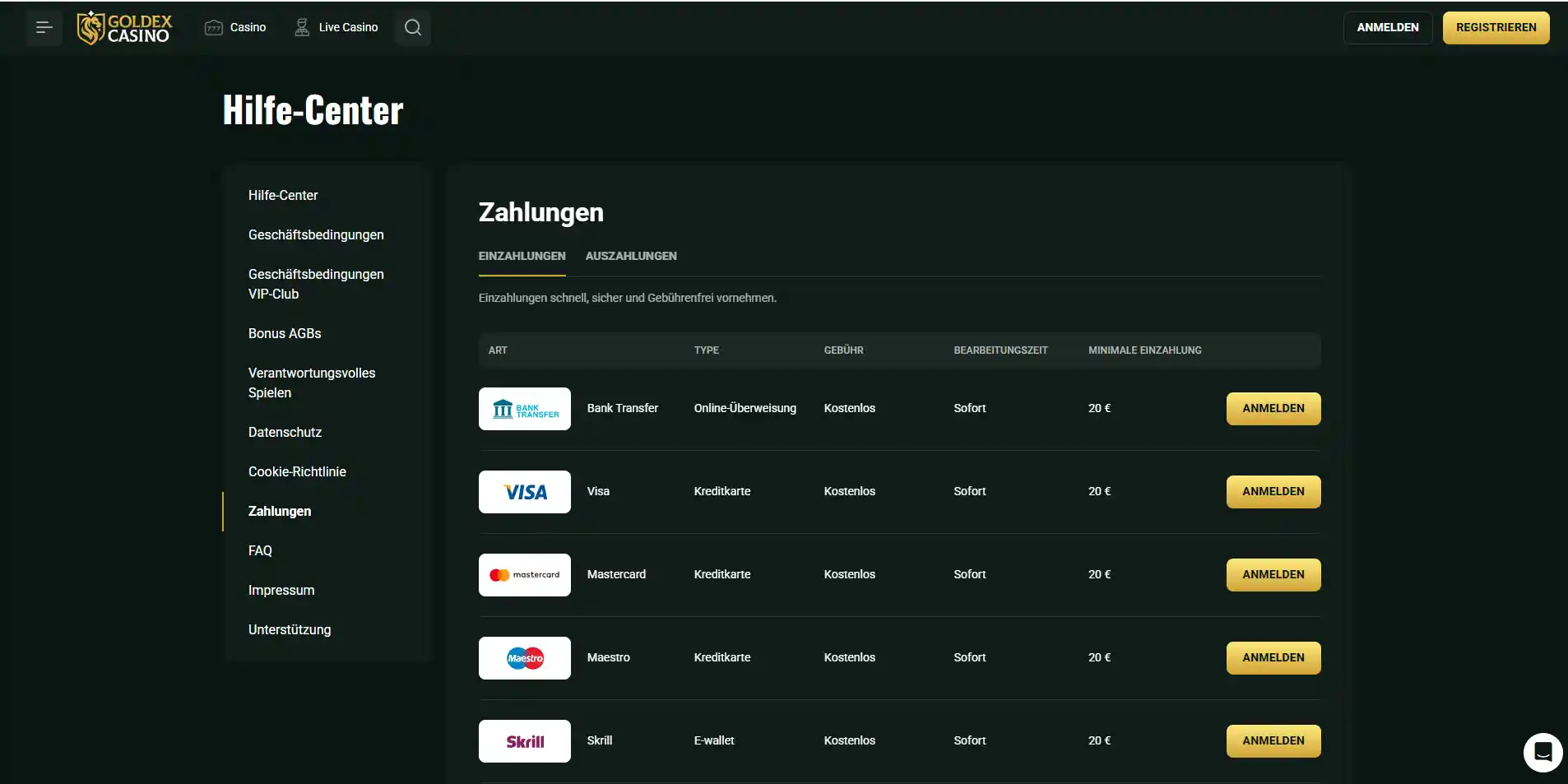 Aktuelle Goldex Casino Zahlungsoberfläche mit sichtbaren Methoden