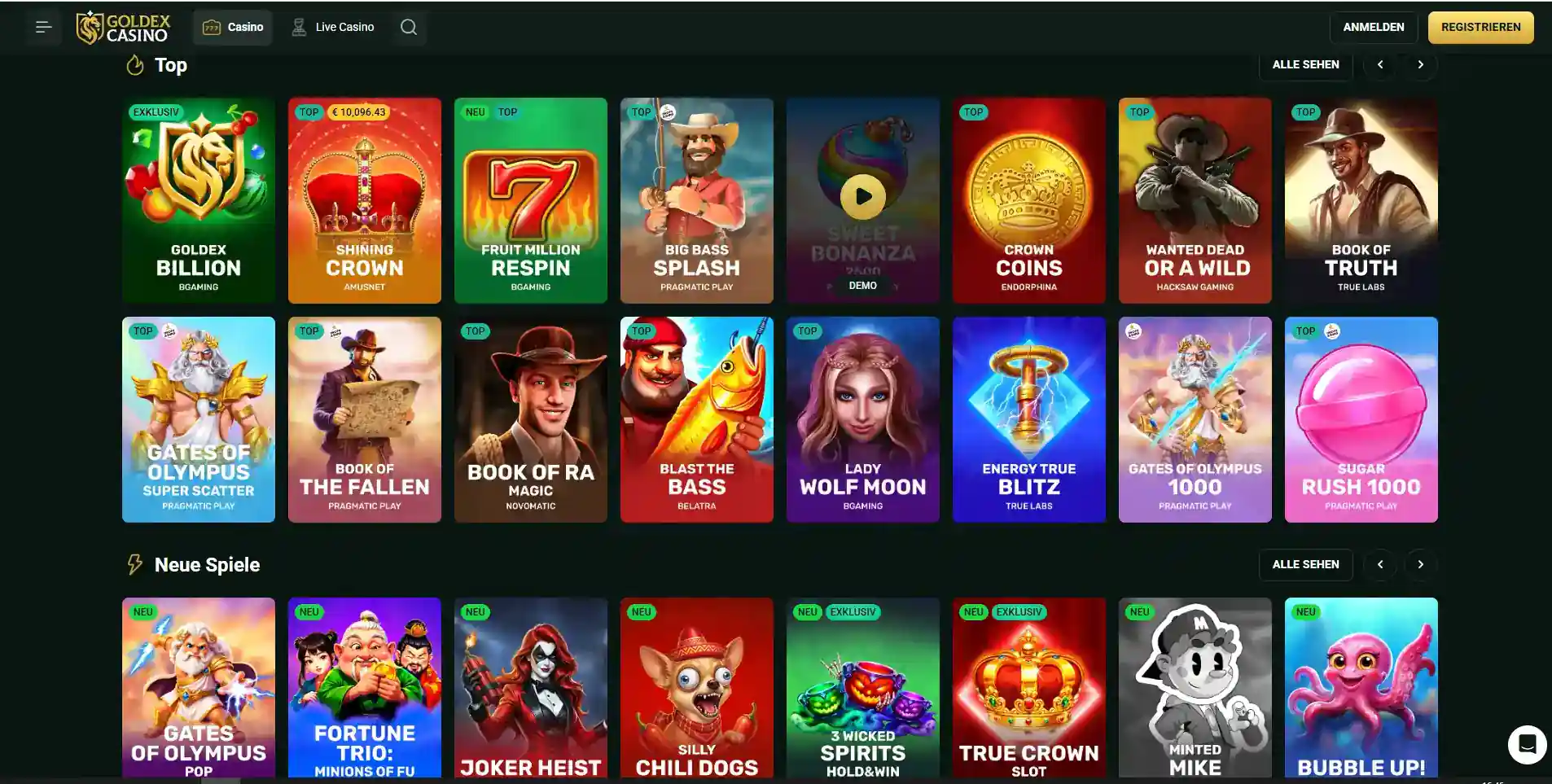 Deutsche Goldex Spieleübersicht mit sichtbaren Spielkacheln und Providern